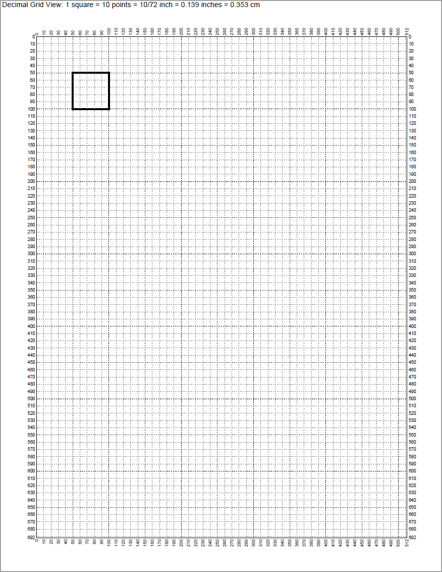 A PDF document with a layout grid and rectangle placed on grid.