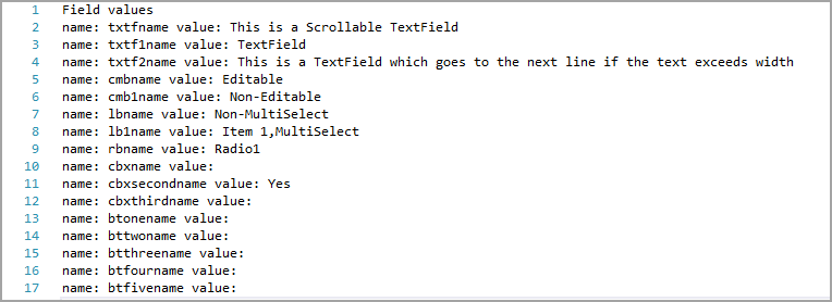 Printout of read form field values.